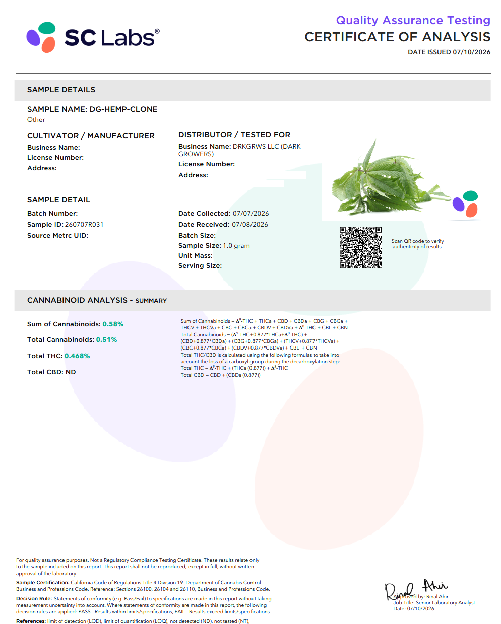 Dark Growers Clones Certificate of Analysis