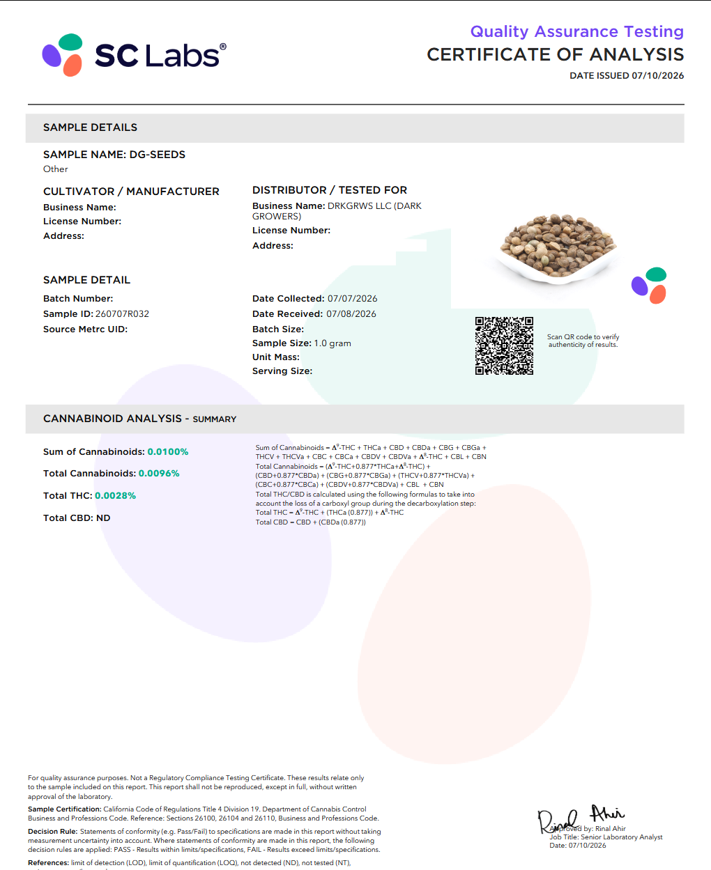 Dark Growers Seeds Certificate of Analysis